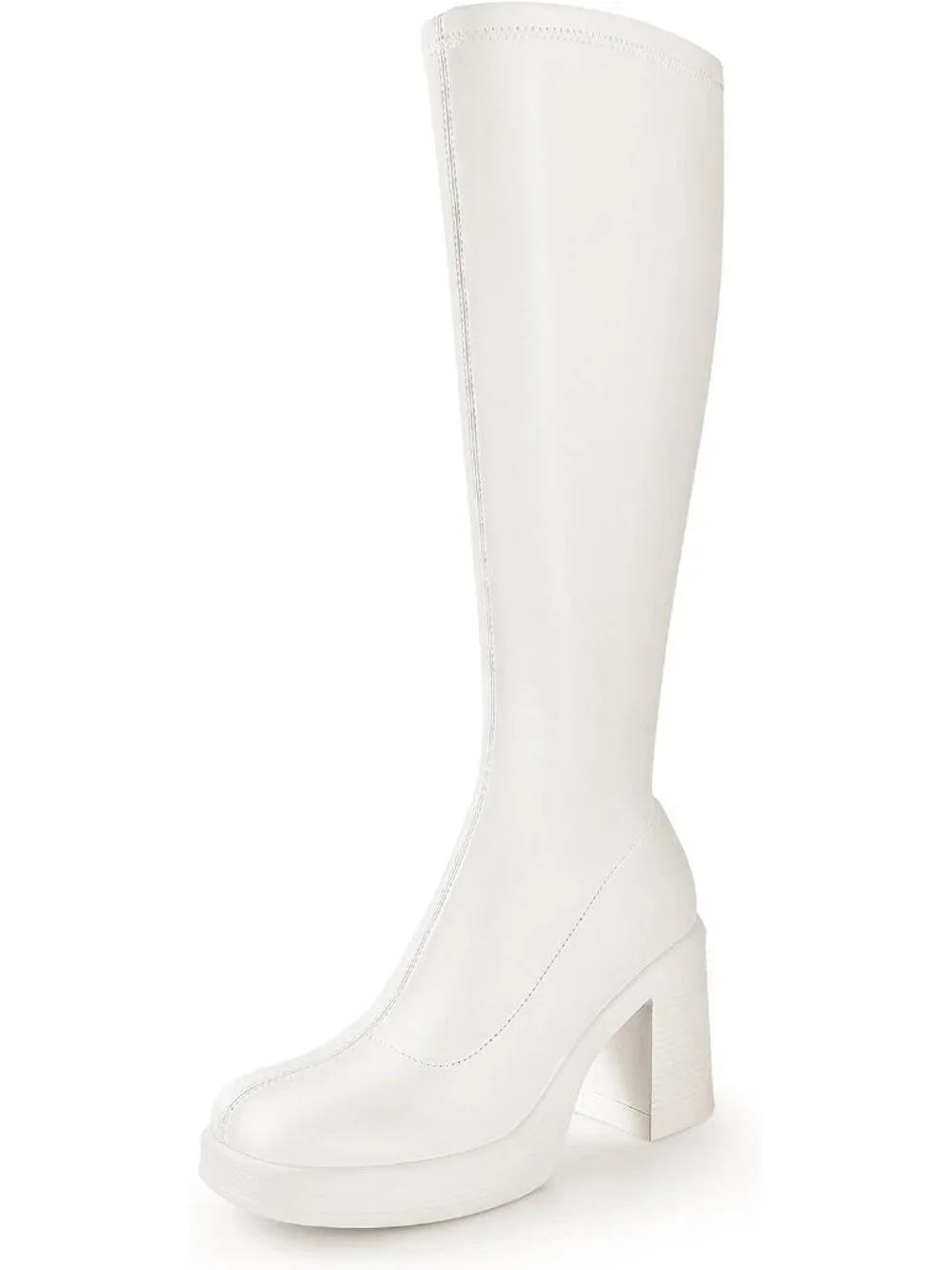 Women's Beige Pu Chunky Heel Square Toe Side Zipper Long Gogo Knee High Boots